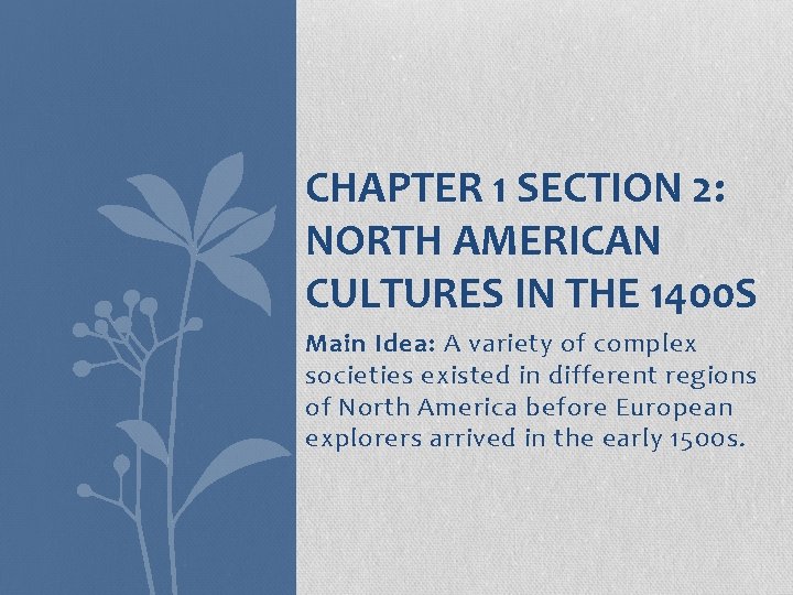 CHAPTER 1 SECTION 2: NORTH AMERICAN CULTURES IN THE 1400 S Main Idea: A
