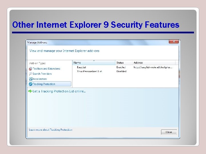 Other Internet Explorer 9 Security Features Other Internet Explorer 9 Security Features