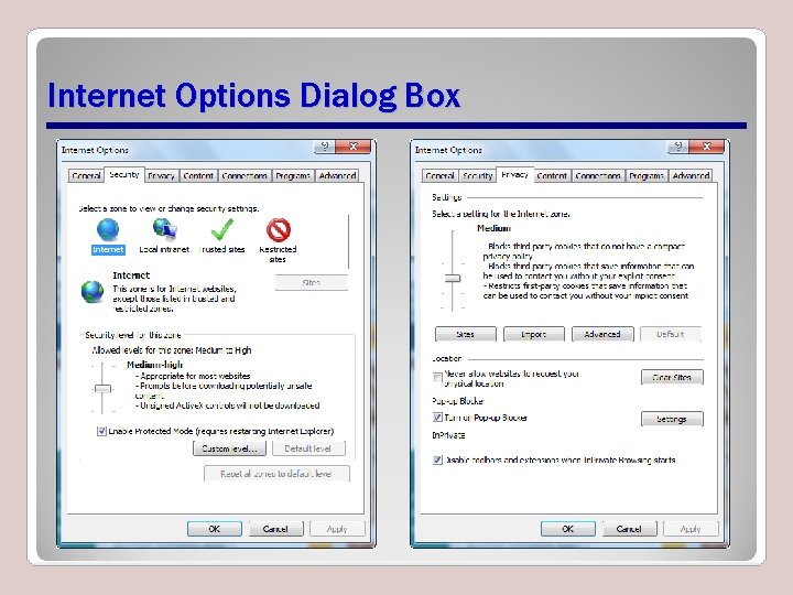 Internet Options Dialog Box Internet Options Dialog Box