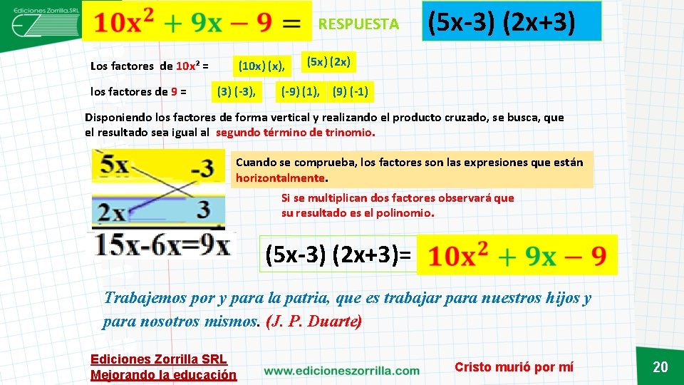  (5 x-3) (2 x+3) RESPUESTA Los factores de 10 x² = los factores