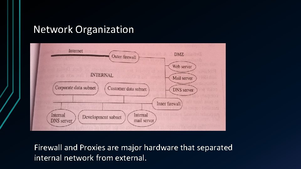 Network Organization Firewall and Proxies are major hardware that separated internal network from external.