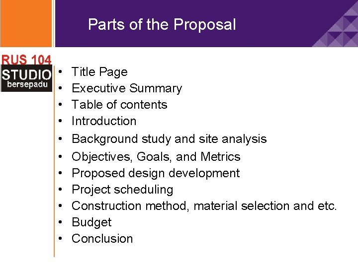 Parts of the Proposal • • • Title Page Executive Summary Table of contents
