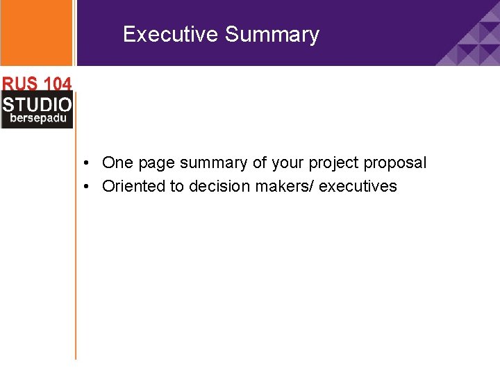 Executive Summary • One page summary of your project proposal • Oriented to decision