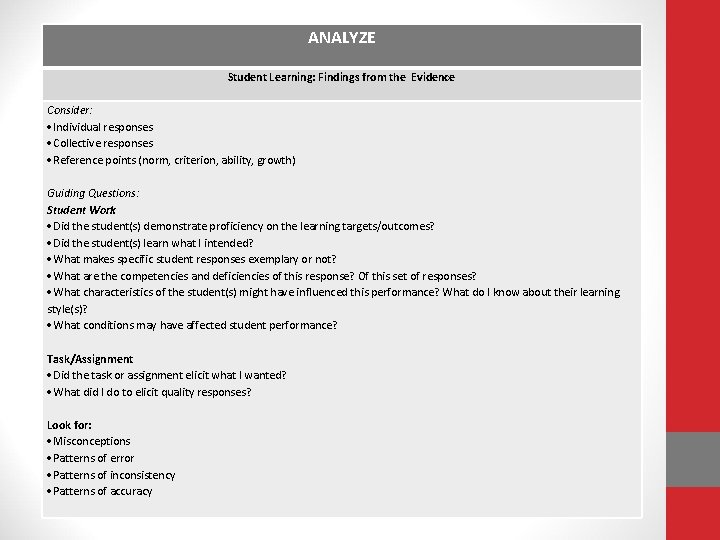 ANALYZE Student Learning: Findings from the Evidence Consider: Individual responses Collective responses Reference points