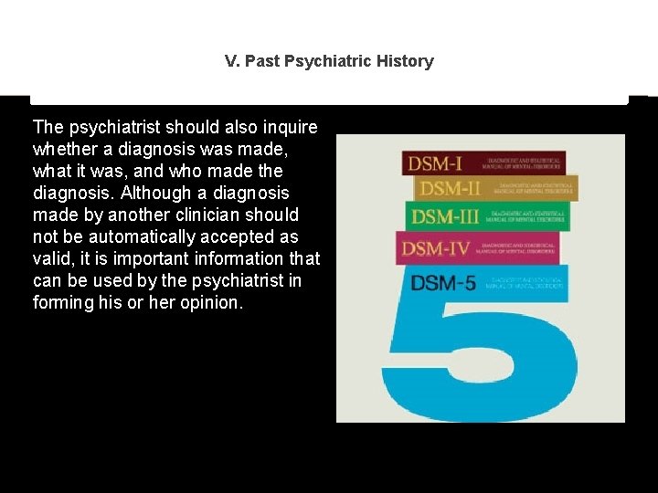 V. Past Psychiatric History The psychiatrist should also inquire whether a diagnosis was made,