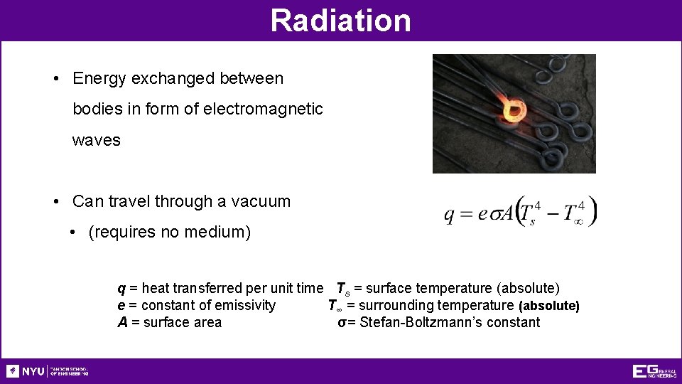 Radiation • Energy exchanged between bodies in form of electromagnetic waves • Can travel
