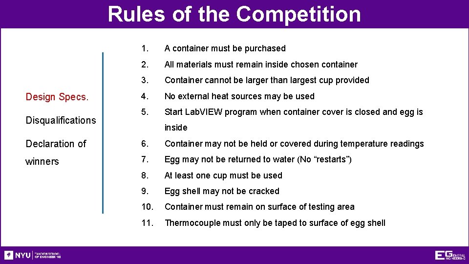 Rules of the Competition Design Specs. Disqualifications 1. A container must be purchased 2.