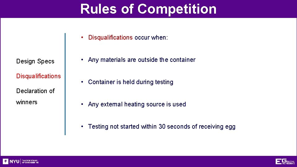 Rules of Competition • Disqualifications occur when: Design Specs Disqualifications • Any materials are