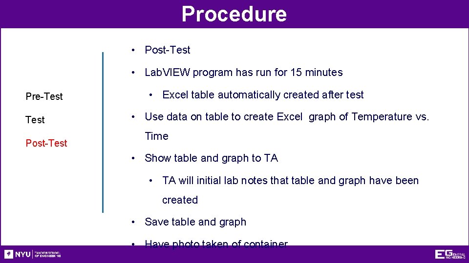 Procedure • Post-Test • Lab. VIEW program has run for 15 minutes Pre-Test Post-Test