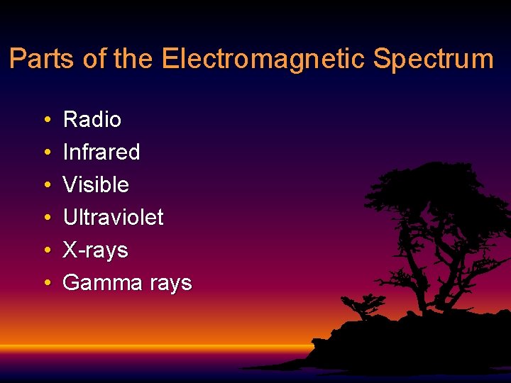 Parts of the Electromagnetic Spectrum • • • Radio Infrared Visible Ultraviolet X-rays Gamma