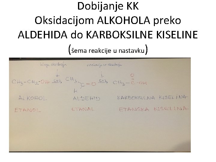 Dobijanje KK Oksidacijom ALKOHOLA preko ALDEHIDA do KARBOKSILNE KISELINE (šema reakcije u nastavku) 