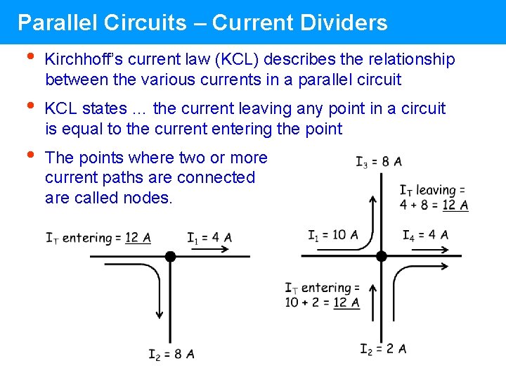 Parallel Circuits – Current Dividers • Kirchhoff’s current law (KCL) describes the relationship between Parallel Circuits – Current Dividers • Kirchhoff’s current law (KCL) describes the relationship between