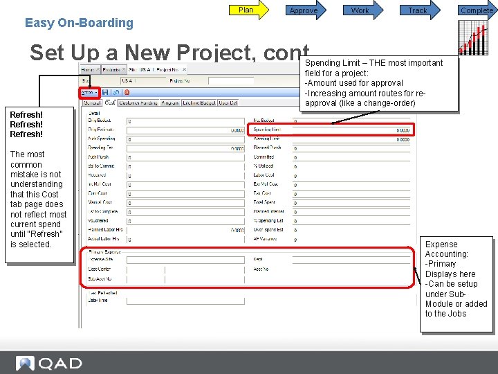 Plan Approve Work Track Complete Easy On-Boarding Set Up a New Project, cont. Spending