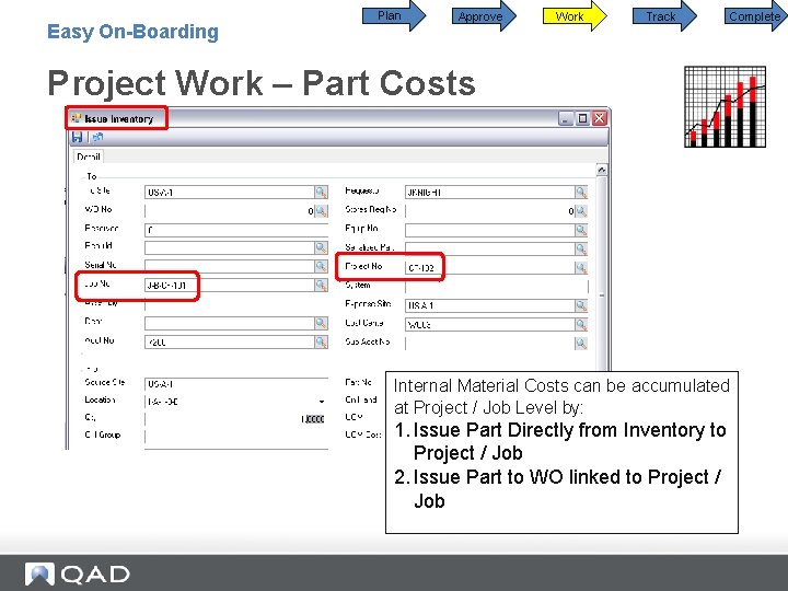 Easy On-Boarding Plan Approve Work Track Complete Project Work – Part Costs Internal Material