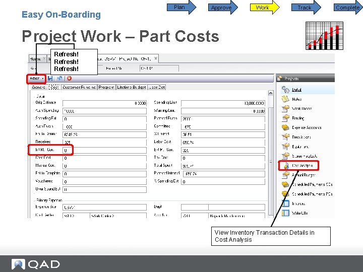 Easy On-Boarding Plan Approve Work Track Project Work – Part Costs Refresh! View Inventory