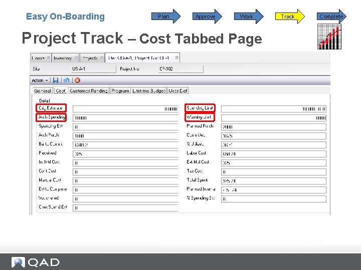 Easy On-Boarding Plan Approve Work Project Track – Cost Tabbed Page Track Complete 