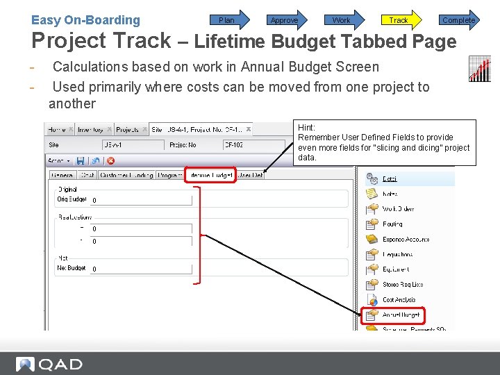 Easy On-Boarding Plan Approve Work Track Complete Project Track – Lifetime Budget Tabbed Page