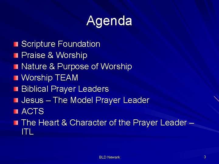Agenda Scripture Foundation Praise & Worship Nature & Purpose of Worship TEAM Biblical Prayer