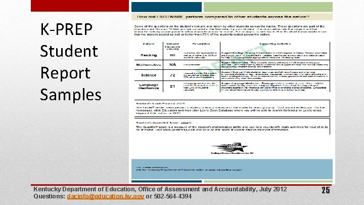 K-PREP Student Report Samples Kentucky Department of Education, Office of Assessment and Accountability, July