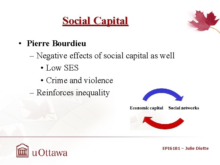 Social Capital • Pierre Bourdieu – Negative effects of social capital as well •