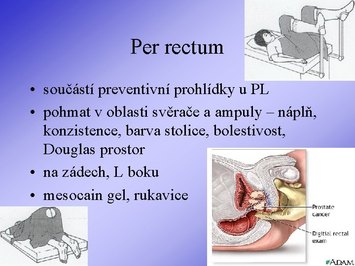 Per rectum • součástí preventivní prohlídky u PL • pohmat v oblasti svěrače a