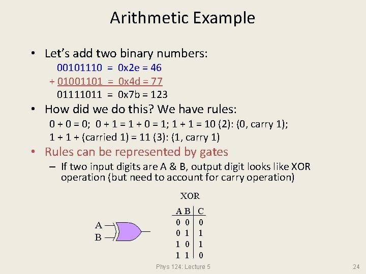 Arithmetic Example • Let’s add two binary numbers: 00101110 = 0 x 2 e