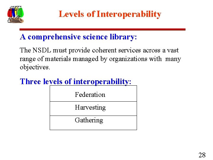 Levels of Interoperability A comprehensive science library: The NSDL must provide coherent services across