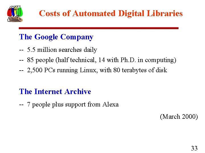 Costs of Automated Digital Libraries The Google Company -- 5. 5 million searches daily