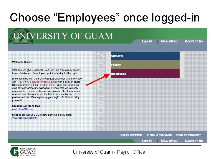 Choose “Employees” once logged-in University of Guam - Payroll Office 