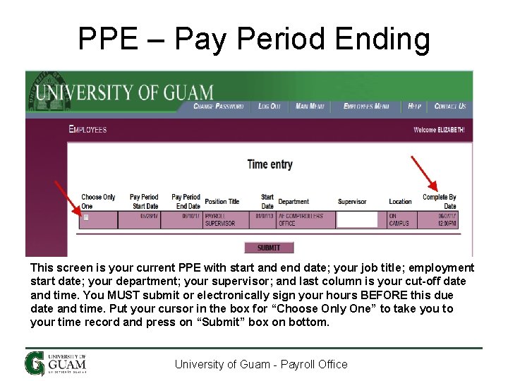 PPE – Pay Period Ending This screen is your current PPE with start and PPE – Pay Period Ending This screen is your current PPE with start and