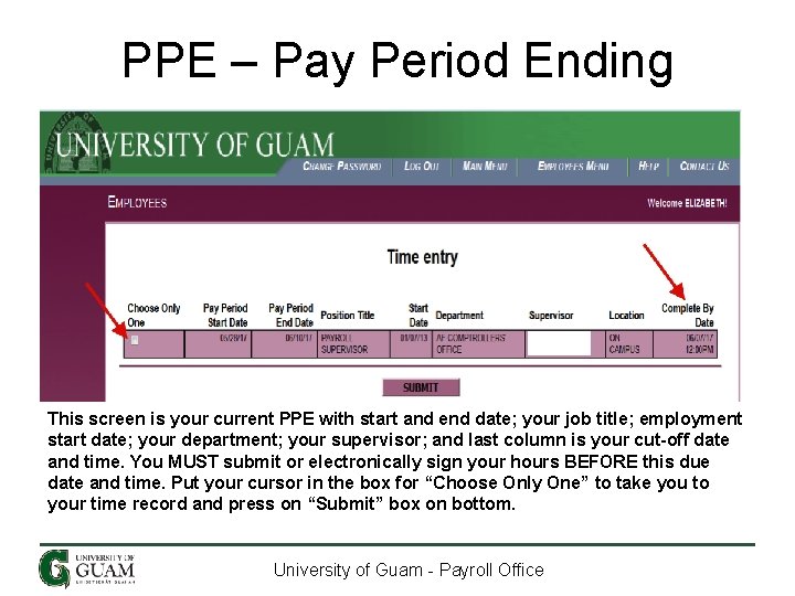 PPE – Pay Period Ending This screen is your current PPE with start and