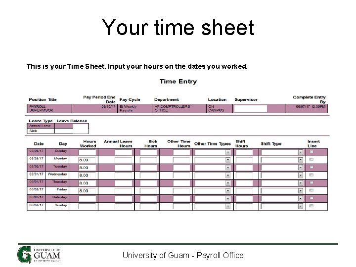Your time sheet This is your Time Sheet. Input your hours on the dates Your time sheet This is your Time Sheet. Input your hours on the dates