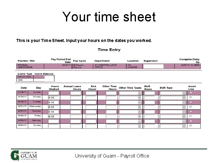 Your time sheet This is your Time Sheet. Input your hours on the dates