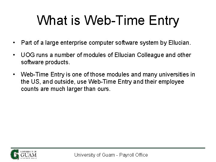 What is Web-Time Entry • Part of a large enterprise computer software system by