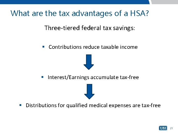 What are the tax advantages of a HSA? Three-tiered federal tax savings: § Contributions