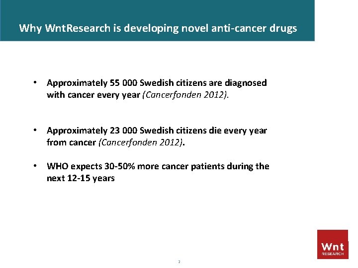 Why Wnt. Research is developing novel anti-cancer drugs • Approximately 55 000 Swedish citizens