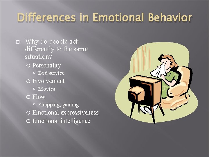 Differences in Emotional Behavior Why do people act differently to the same situation? Personality