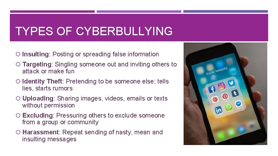TYPES OF CYBERBULLYING Insulting: Posting or spreading false information Targeting: Singling someone out and