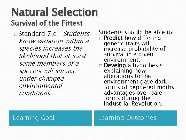 Natural Selection Survival of the Fittest � Standard 7. d: Students know variation within