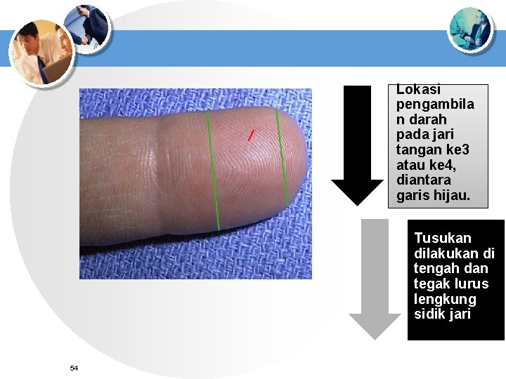 Lokasi pengambila n darah pada jari tangan ke 3 atau ke 4, diantara garis
