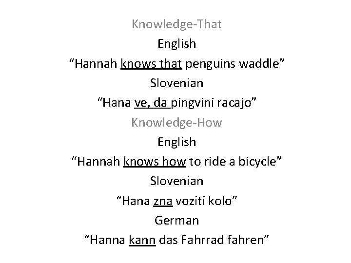 Knowledge-That English “Hannah knows that penguins waddle” Slovenian “Hana ve, da pingvini racajo” Knowledge-How