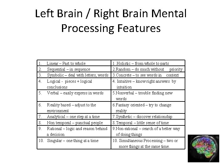 Left Brain / Right Brain Mental Processing Features 1. 2. 3. 4. 5. 6.