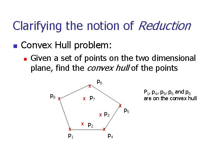 Clarifying the notion of Reduction n Convex Hull problem: n Given a set of