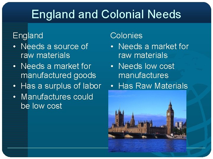 England Colonial Needs England • Needs a source of raw materials • Needs a
