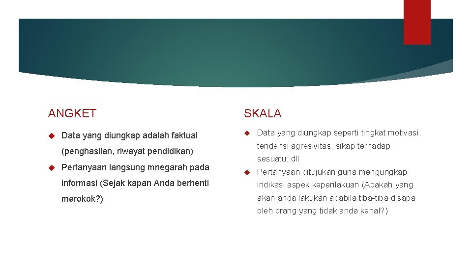 ANGKET Data yang diungkap adalah faktual SKALA tendensi agresivitas, sikap terhadap (penghasilan, riwayat pendidikan)