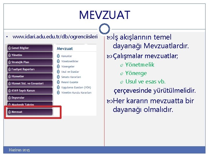 MEVZUAT • www. idari. adu. edu. tr/db/ogrenciisleri İş akışlarının temel dayanağı Mevzuatlardır. Çalışmalar mevzuatlar;