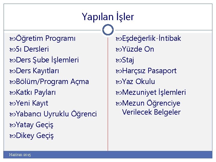 Yapılan İşler Öğretim Programı Eşdeğerlik-İntibak 5ı Dersleri Yüzde On Ders Şube İşlemleri Staj Ders