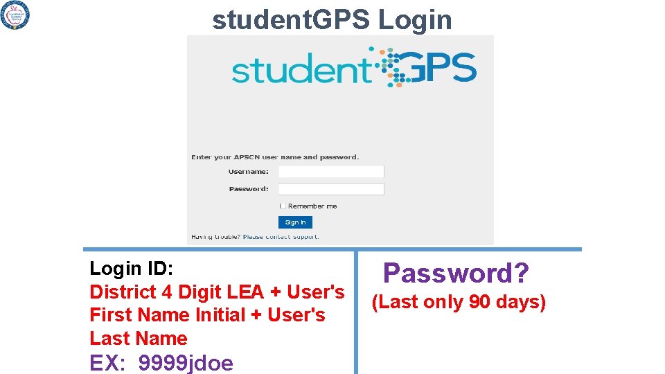 student. GPS Login ID: District 4 Digit LEA + User's First Name Initial +