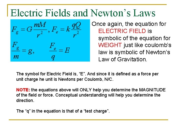 Electric Fields and Newton’s Laws Once again, the equation for ELECTRIC FIELD is symbolic