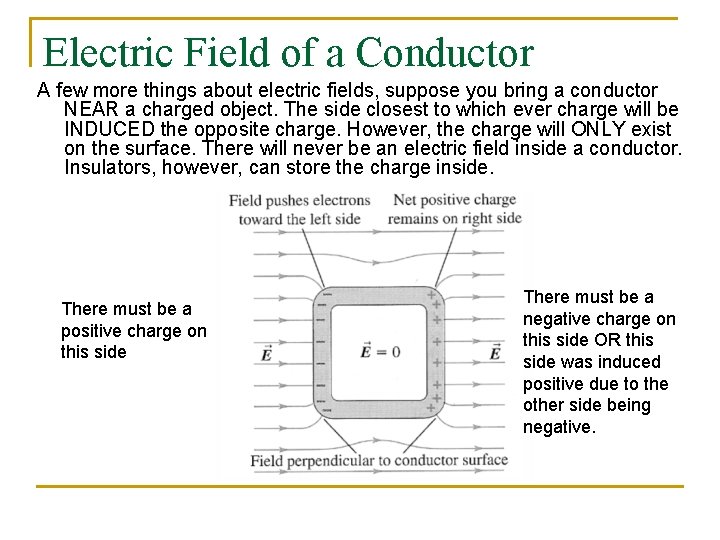 Electric Field of a Conductor A few more things about electric fields, suppose you